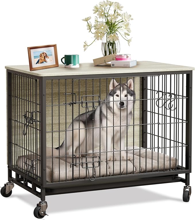 Medium Dog Crate Furniture, 32.5" L x 21.9" W x 25.2" H, Indoor Pet Crate with Double Doors, Removable Tray and 360° Wheels, Wooden Countertop Dog Kennel, Gray+Black