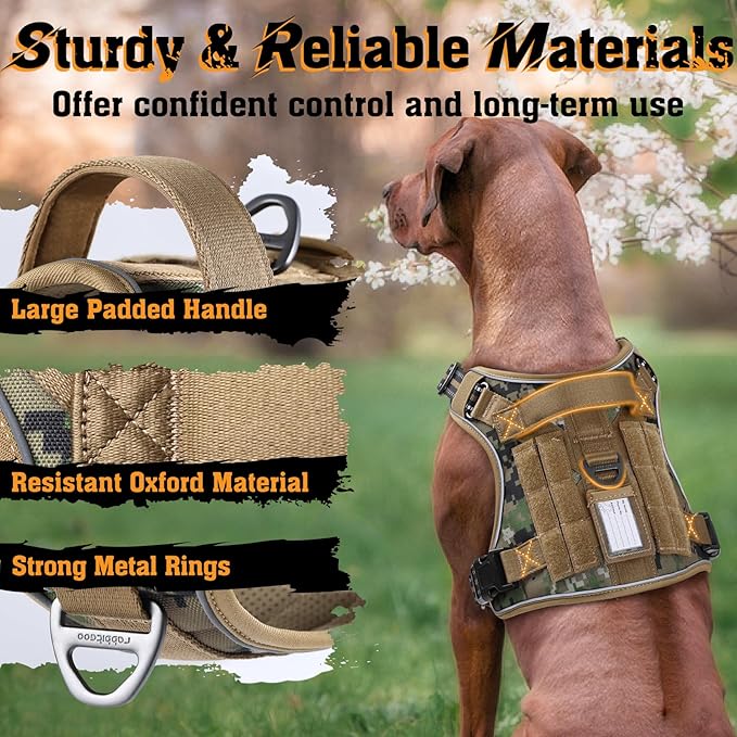 rabbitgoo Dog Harness Medium Sized No Pull, Tactical Service Dog Vest with Molle and Control Handle, Adjustable and Reflective Military Pet Harness for Easy Walking and Training, Brown camo, M