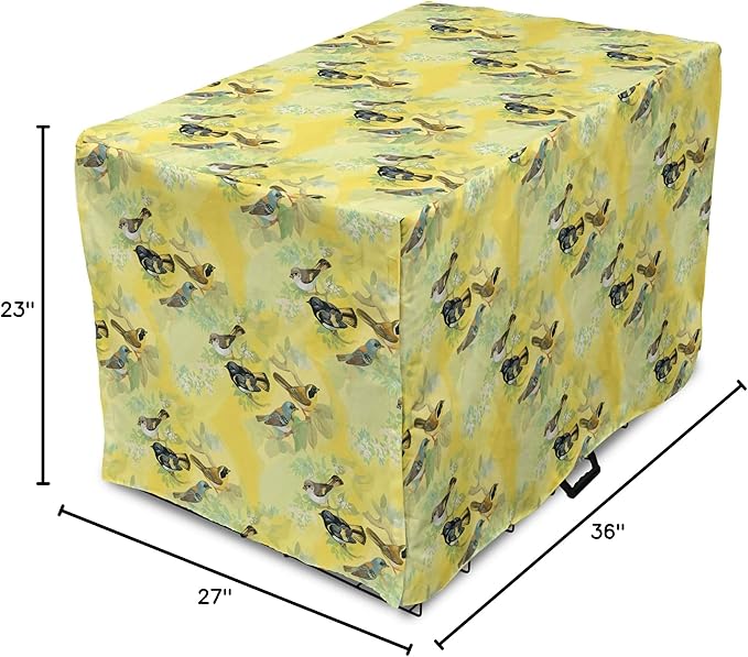 Ambesonne Bird Dog Crate Cover, Little Birds on Spring Branches in Watercolor Style Repetitive Pattern, Easy to Use Pet Kennel Cover for Medium Large Dogs, 36 Inch, Yellow and Multicolor