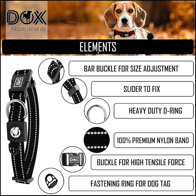 DDOXX Reflective Nylon Dog Collar - Strong and Adjustable Collars Dogs - L (Black)