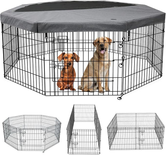PETIME Foldable Metal Dog Exercise Pen/Pet Puppy Playpen Kennels Yard Fence Indoor/Outdoor 8 Panel 24" W x 36" H with Top Cover (with top Cover, 8 Panels 36" H)