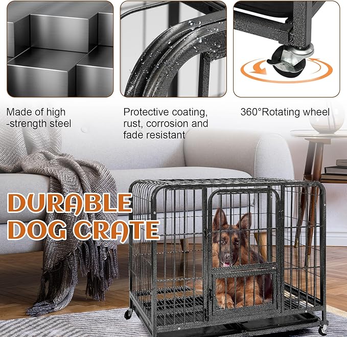 31inch Indestructible Metal Dog Crates for Small/Medium Dogs, Heavy Duty Escape Proof Dog Kennel Indoor with Lockable Wheels, High Anxiety Double Door with Removable Tray 31" L x 21.3" W x 28.7" H
