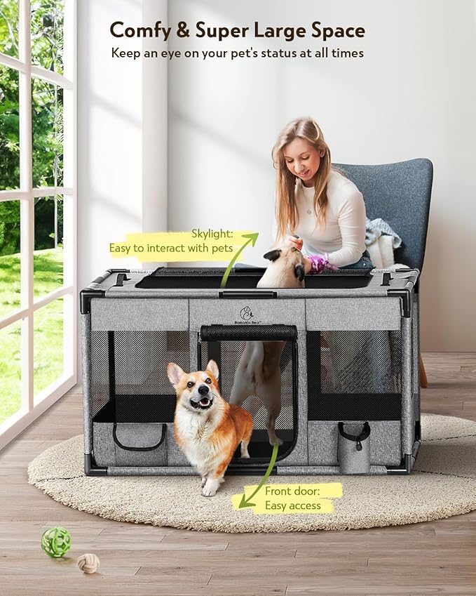 Dog Playpen,Fabric Mesh Dog Fence, Portable Soft Dog Cat Kennel Crate,Breathable Exercise Pet Play Pen for Dogs,PVC Pipe Frame,Indoor Outdoor Pet Fence Cage for Small Animals with Carrying Case(M)