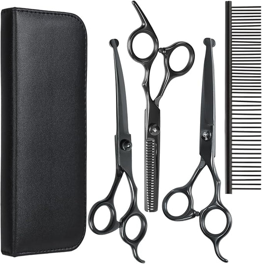 Dog Grooming Scissors, Maxshop Heavy Duty Titanium Pet Grooming Trimmer Kit, Professional Thinning Shears, Curved Scissors with Comb for Dogs and Cats (Black Set of 4)