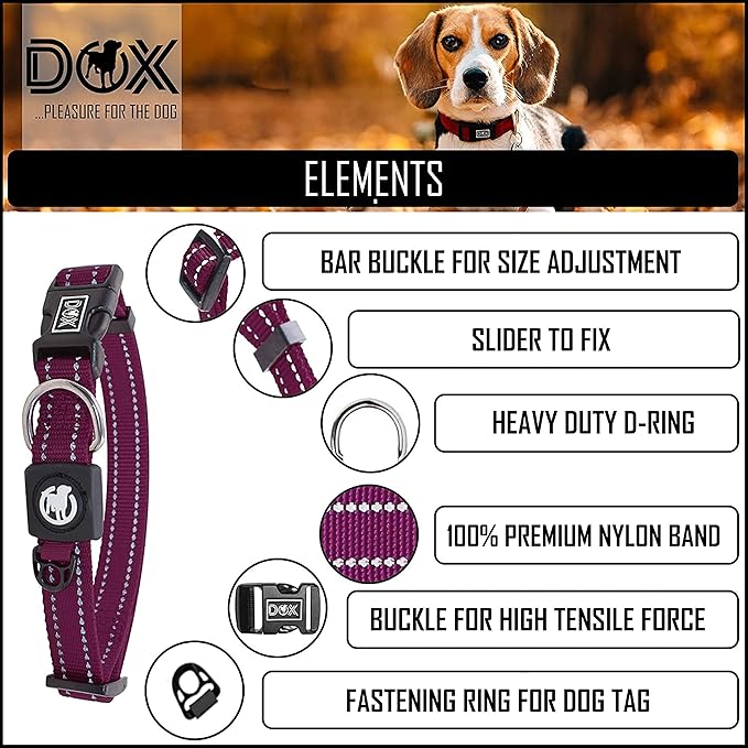DDOXX Reflective Nylon Dog Collar, S (Purple) - Adjustable, Strong and Comfortable Collar for Dogs with Quick Release Buckle, Durable and Visible for Safety - Dog Leash Ideal for Training and Walks