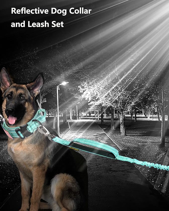 AUBELL Tactical Dog Collar and Leash Set, Adjustable Military Nylon Reflective Dog Leash and Collar with Handle and Heavy Metal Buckle for Medium Large Dogs, with Airtag Case and 2 Patches (Teal,XL)