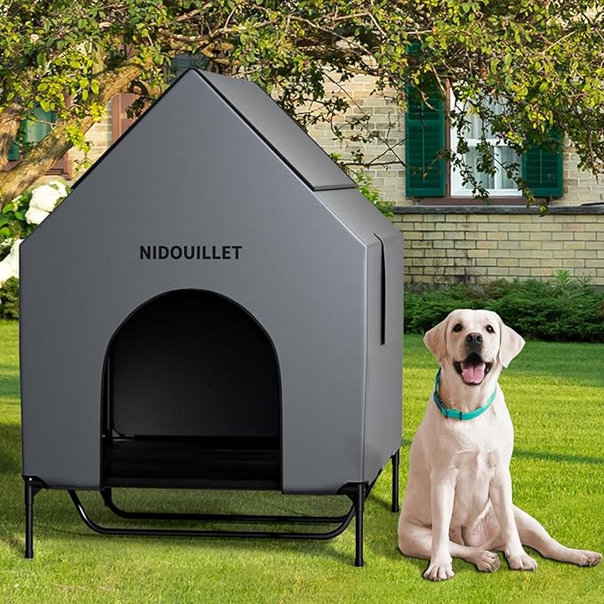 Nidouillet 48" Large Dog House for Outdoor or Indoor, Weatherproof 600D PVC Large Dog House with 8.5" H Textilene Elevated Dog Bed Breathable, Easy to Clean, Dog House Max 200lbs