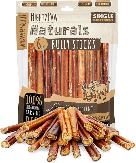 Mighty Paw Naturals Bully Sticks for Dogs - Grass Fed Beef Dog Chews. Dog Bully Sticks for Large Dogs, Medium and Small Breeds. Lower Odor Bully Sticks for Small Dogs. Single Ingredient (6" - 25 Pack)