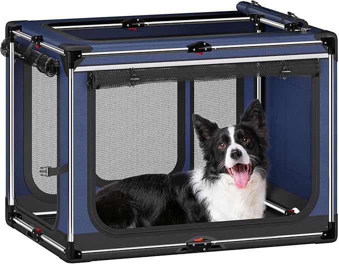 Collapsible Dog Crate: 38 Inch Foldable Soft Sided Dog Crate for Large Dogs, Portable Dog Travel Kennel with Soft Mat for Indoors & Outdoors, Blue