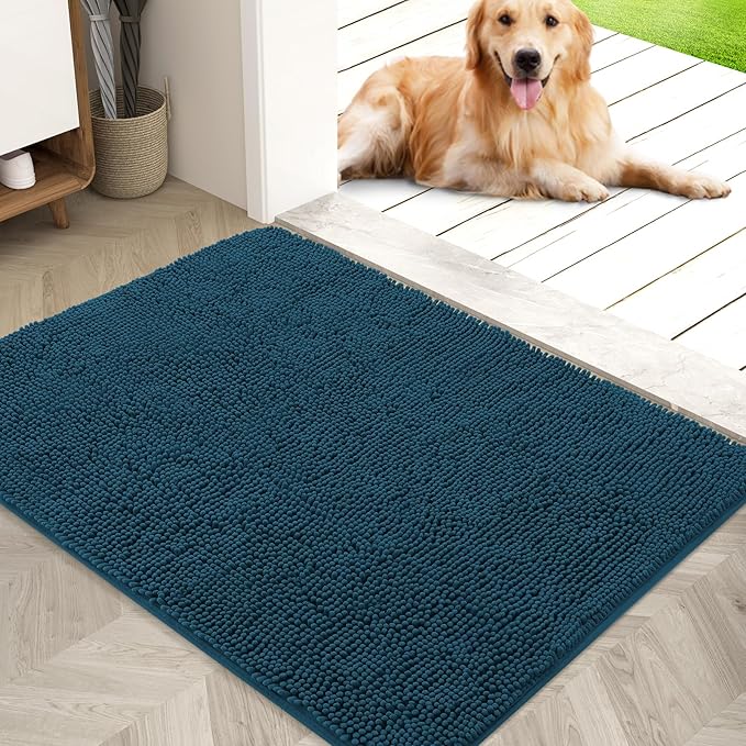OLANLY Dog Door Mat for Muddy Paws 40x32, Absorbs Moisture and Dirt, Absorbent Non-Slip Washable Mat, Quick Dry Chenille, Mud Mat for Dogs, Entry Indoor Door Mat for Inside Floor, Atlantic Blue