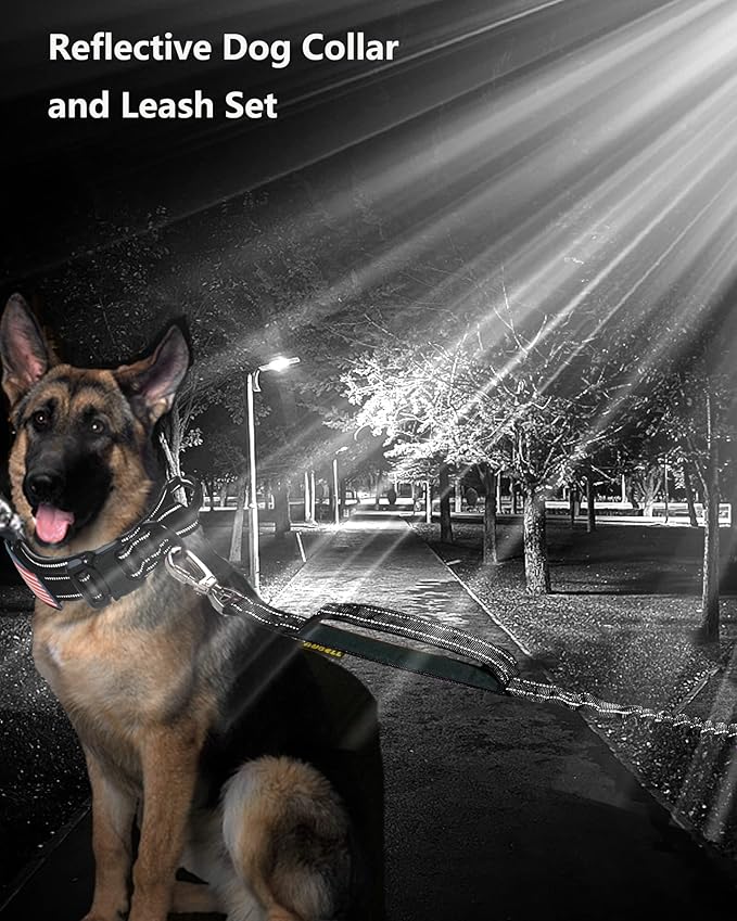 AUBELL Tactical Dog Collar and Leash Set, Adjustable Military Nylon Reflective Dog Leash and Collar with Handle and Heavy Metal Buckle for Medium Large Dogs, with Airtag Case and 2 Patches(Black, XL)