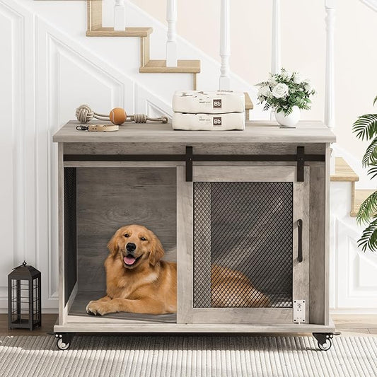 Dog Crate Furniture with Sliding Barn Door,Flip Top Furniture Style Dog Crate End Table with Wheels,Indoor Dog Kennel Furniture with Removable Divider,Dog House,Grey