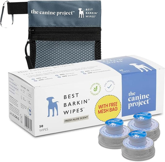 Best BARKIN' Wipes with Free Mesh Bag - Dog Wipes for Paws Ears and Butt - Micellar Aloe Scented Travel Friendly Puppy Wipes (50-Pack)