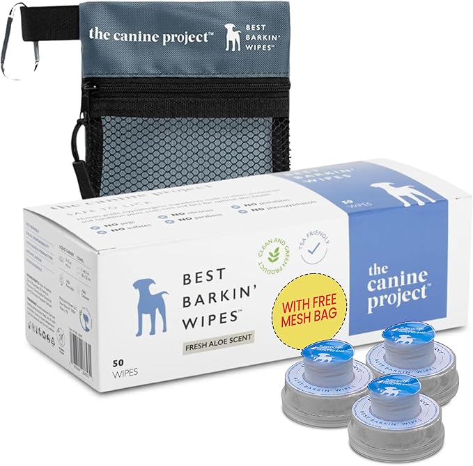 Best BARKIN' Wipes with Free Mesh Bag - Dog Wipes for Paws Ears and Butt - Micellar Aloe Scented Travel Friendly Puppy Wipes (50-Pack)