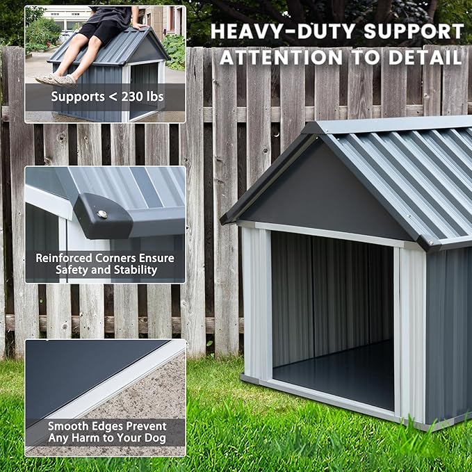 Metal Dog House for Outdoor Indoor, Dog Crates Outside for Small/Medium/Large Dogs, Weather & Water Resistant Easy Assemble Puppy Shelter for Cat, Chicken, Duck (43 x 43 x 44 in, Grey)