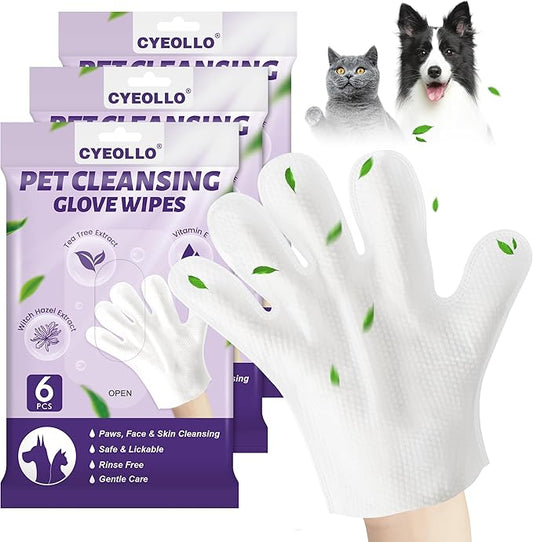 cyeollo Pet Cleaning Wipes for Dogs Fur & Butt, Dog Dry Grooming Bath Glove Wipes for Deodorizing, Lick Safe Cats Cleaning Wipes, Wash Free, 18PCS