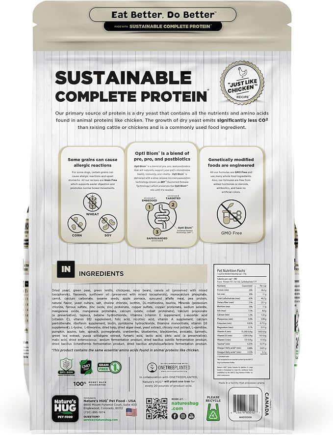 Nature's HUG Dry Dog Food, for Senior-Medium & Large Breeds, 20 lb. Bag, Chicken Flavor Plant-Based Protein Vegetarian Kibble, Grain-Free, Allergen-Free, Complete Protein & Balanced Nutrition