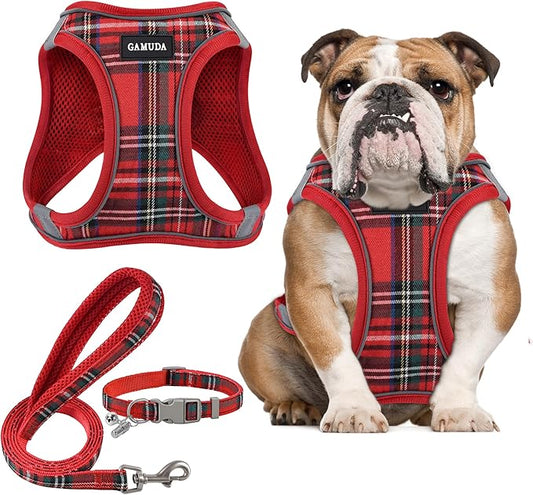 GAMUDA Small Dog Harness Collar and Leash Set, Step in No Chock No Pull Soft Mesh Adjustable Dog Vest Harnesses Plaid Reflective for Dogs Puppy Cats Kitten Rabbit (Red, XL)