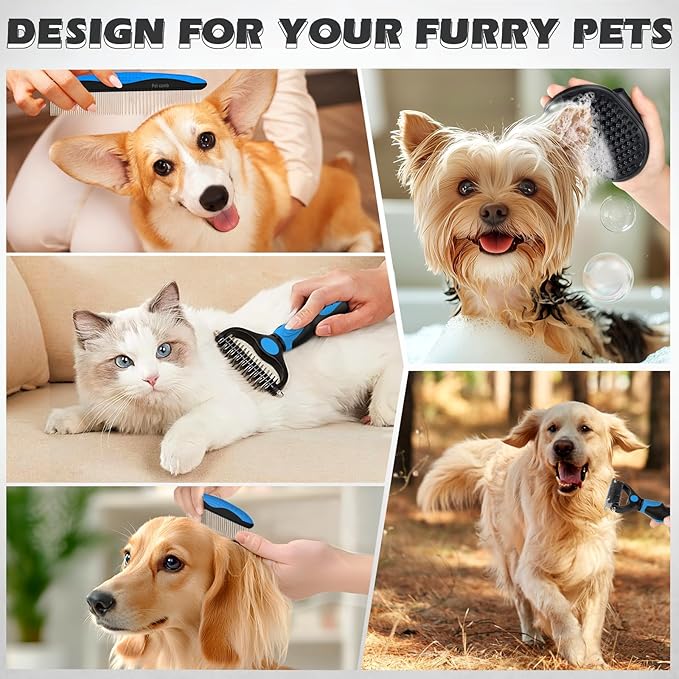 3PCS Dog Grooming Kit I Dog Brush for Shedding I Deshedding Dog Brush I Metal Dog Comb I Dog Bath Brush I Undercoat Rake for Dogs and Cats I Premium Pet Supplies (Blue Black)