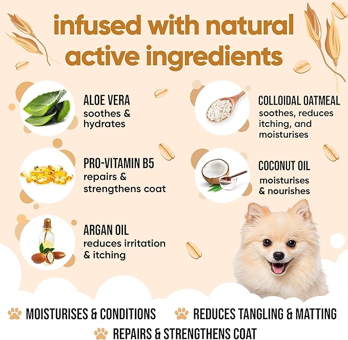 Oatmeal Dog Conditioner (16.90oz) Made with Aloe Vera, Argan Oil & Pro Vitamin B5 to Detangle Matted Coats & Relieve Sensitive & Itchy Skin, Suitable for Puppies from 8 Weeks, Vegan