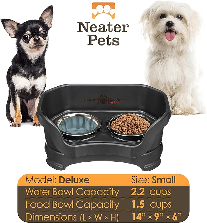 Neater Feeder Deluxe Mess Proof Dog Bowls Elevated for Small Breed – Made in USA – No Spill Raised Dog Food Bowl Stand – Stainless Steel Food and Water Bowl Set, Pet Feeding Station, Black