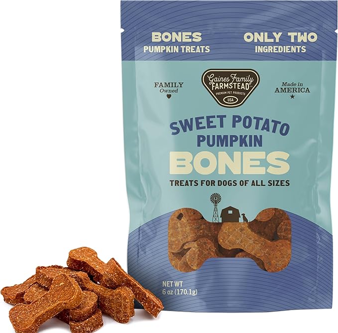 Gaines Family Farmstead Sweet Potato Pumpkin Dog Bones - All-Natural Dog Treats, Digestive Support, Grain-Free, Vitamin-Rich Chews for Puppies & Adult Dogs, 6 oz Bag