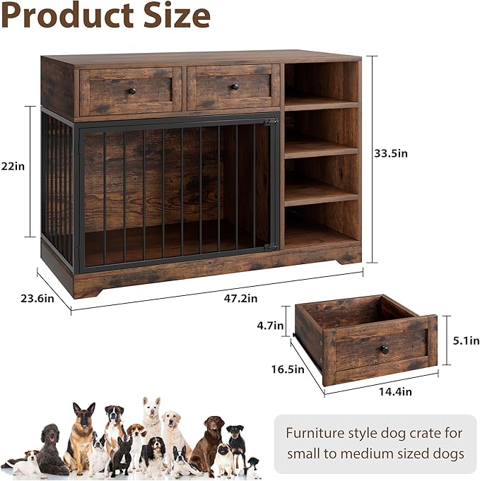 Dog Crate Furniture 47”, Large Dog Crate TV Stand with 2 Drawers and 4 Shelves, Wooden Dog Kennel Indoor, Decorative Dog Cage with Storage for Large Dogs, Brown