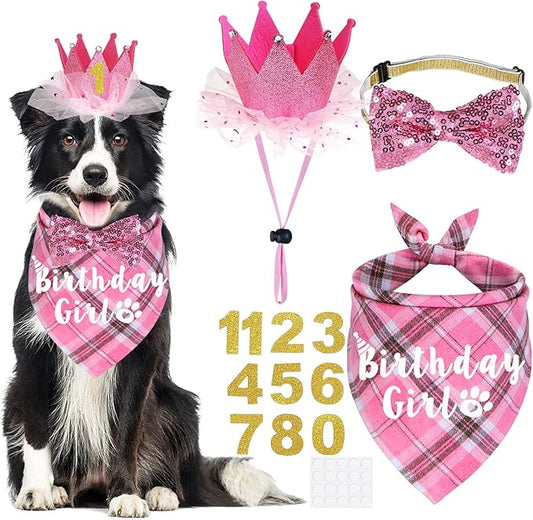 Dog Birthday Party Supplies, Multi Sizes Dog Birthday Hat Crown with Numbers Bandana Girl Bow Tie for Medium Large Dogs Pets (Pink, Large)