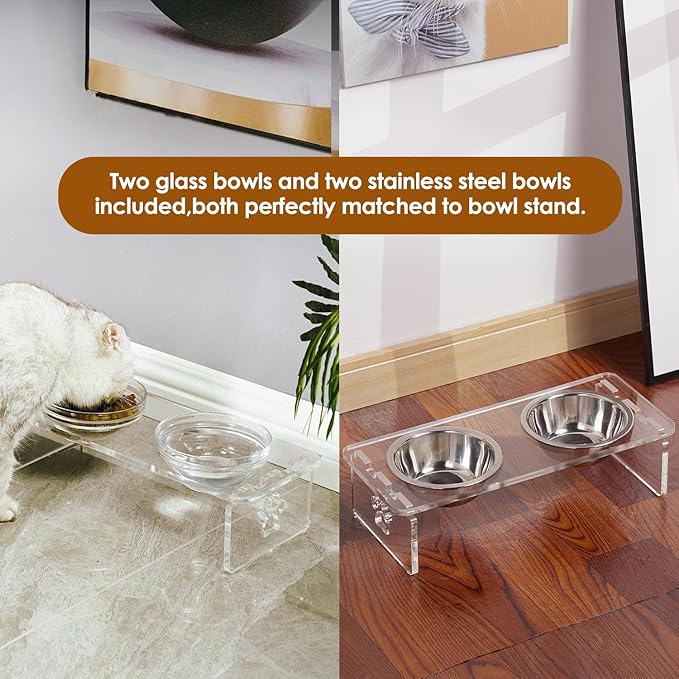 Dog and Cat Bowls Elevated Set - Acrylic Feeder Stand with 2 Set Removable Stainless Steel and Glass Bowls Food and Water Raised Dishes for Small Pet,3.75 inches