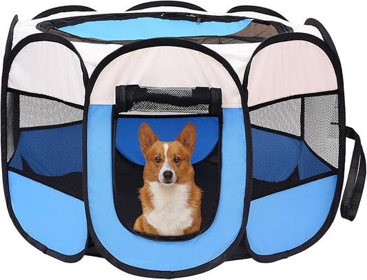 Mile High Life | Foldable Dog Playpen | Portable Dog Crate w Removable Shade Cover | Dog Kennel Indoor/Outdoor w Carry Case | Pen Tent for Dog/Cat/Rabbit(Blue, Small (29"x29"x17"))