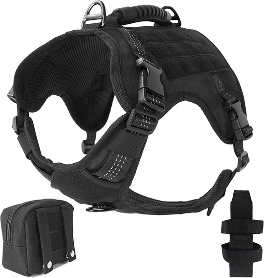 Tactical Dog Harness, Heavy Duty Dog Harness,Adjustable Breathable Pet Harness with MOLLE Panel, Small Pouch, and Bottle Holder,for Medium Dogs, Black M