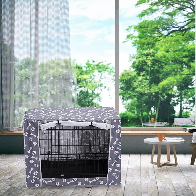 Dog Crate Cover Kennel Dogs Covers fits Small Medium Large crates cage Heavy Nylon Waterproof soundproof Indoor Outdoor - Cover only - Grey Bone paw - 30 inch