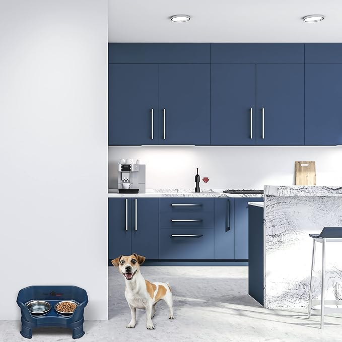 Neater Feeder Deluxe Mess Proof Dog Bowls Elevated for Small Breeds – Made in USA – No Spill Raised Dog Food Bowl Stand w/Leg Extensions – Stainless Steel Dog Food and Water Bowl Set – Dark Blue