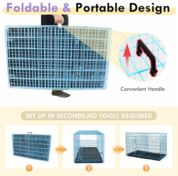 PayLessHere Large Dog Crate Kennel for Medium Large Dogs 24 inches Metal Dog Cage Double-Door Folding Travel Indoor Outdoor Puppy Playpen with Divider and Handle Plastic Tray,Blue