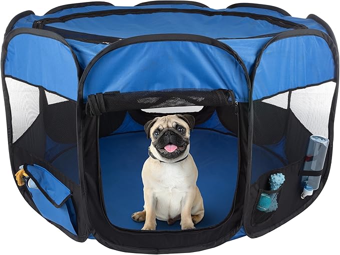 Pet Playpen - 42x25 Pop-Up Dog Kennel with Carry Bag - Portable Play Pen for Dogs, Cats, Rabbits, and Small Animals by PETMAKER (Blue)