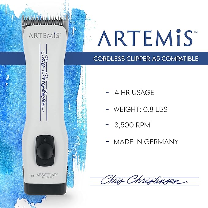 Chris Christensen Artemis Dog Clipper, Cordless Grooming, #10 Blade, Runs Quiet 63 db, Lightweight 0.84 lbs, 4-Hours Run Time Lithuim Ion Battery, Made in Germany, White