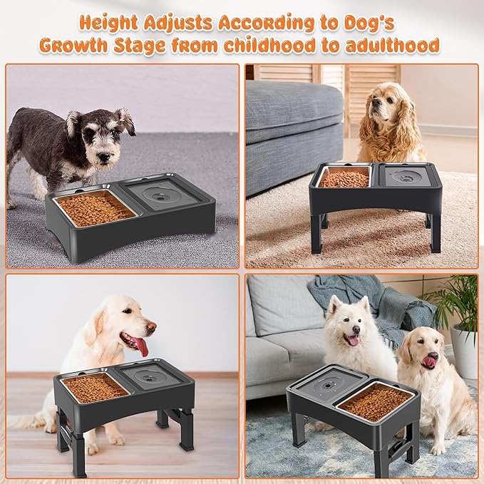 Decflow 2-in-1 Elevated Dog Bowls, 4 Height Adjustable Raised Dog Bowls with Stainless Steel Dog Food Bowls & No Spill Water Bowl, DIY Stickers Foldable Pet Bowl for Medium Large Dogs