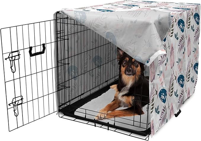 Ambesonne Leaves Dog Crate Cover, Abstract Foliage in Pastel Colors Tropical Jungle Forest Plants with Grunge Effect, Easy to Use Pet Kennel Cover for Medium Large Dogs, 36 Inch, Petrol Blue Baby Pink