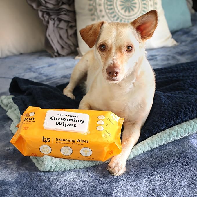 HealthSmart Dog & Cat Grooming Wipes, Alcohol and Paraben Free, Gentle on Skin, 100% Biodegradable, 100 Count, Deodorizing, Great for Paws, Ears, and Butt