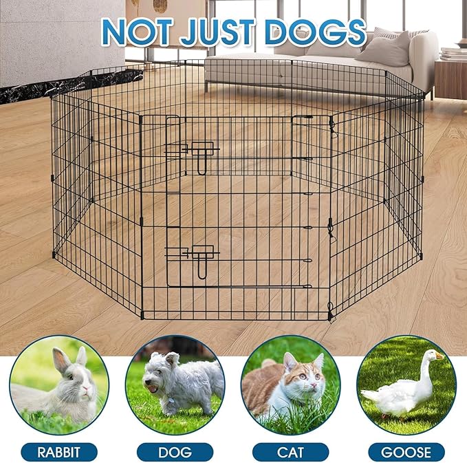Pet Playpen Dog Pen Foldable Dog Exercise Fence 8 Panels 30 Inch Kennels Pet Playpen Options Ideal for Pet Medium Animals Outdoor Indoor (Playpen with Top Cover)