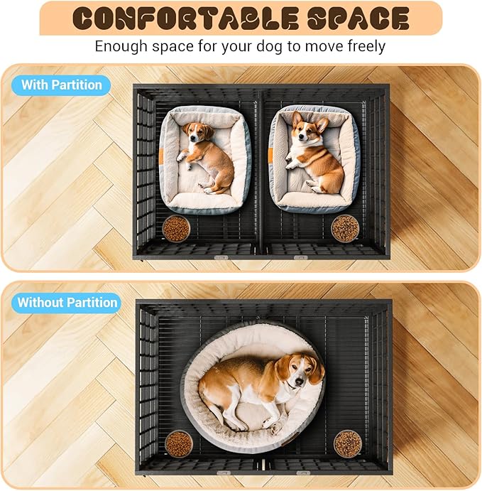 Metal Dog Crate, 42 Inch Heavy Duty Dog Crate with Divider, 2 Feeding Door and Bowls, Dog Kennel Indoor with Wheels, for 2 Small Dogs/1 Large Dog