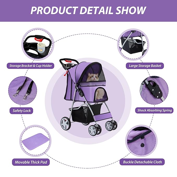 4 Wheels Pet Stroller for Small Medium Dogs Cats 33 lbs, Breathable Foldable Jogger Stroller with Storage Basket, Travel Puppy Stroller for All-Season, Move Pad & Protective Lock, Purple