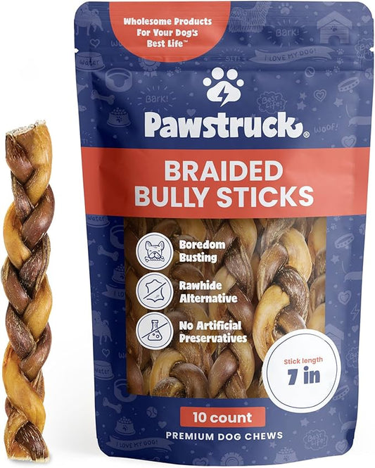 Pawstruck Natural 7” Braided Bully Sticks for Dogs - Tough Long Lasting, Rawhide Free, Low Odor, Healthy Single Ingredient Chew Treat for Aggressive Chewers - 10 Count - Packaging May Vary