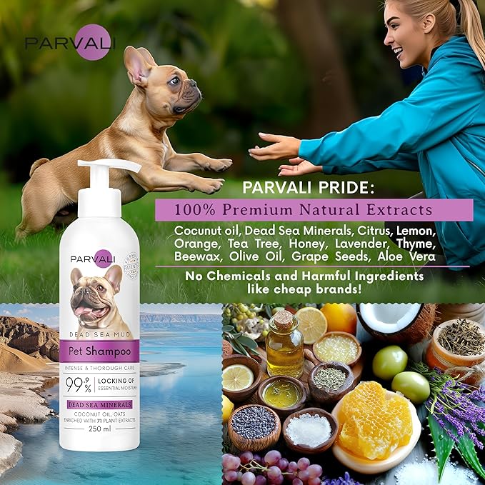 Natural Dead Sea Mud Bath Dog Shampoo (250 ml, 8.45 fl oz). A Purifying Anti-Itching Gentle Skin and Coat Care Formula. Minerals Rich, Long-Lasting Perfume, Easy Application. Enjoy!