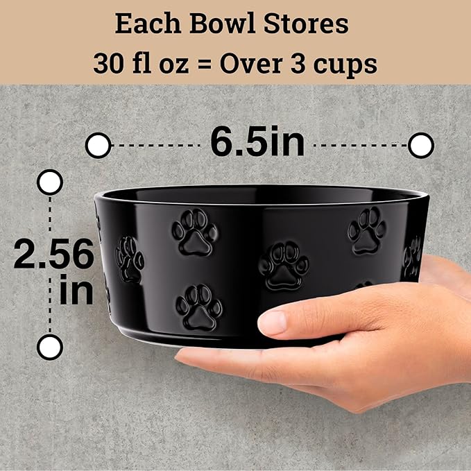 Ceramic Dog Bowl Set of 2 with Anti-Skid Base - 6.5" Wide x 2.5" Tall Ceramic Dog Bowls Medium Sized Dogs - 3 Cup Capacity Food and Water Bowls for Dogs - Rubber Bottom Pet Bowl Set of 2 Medium Size