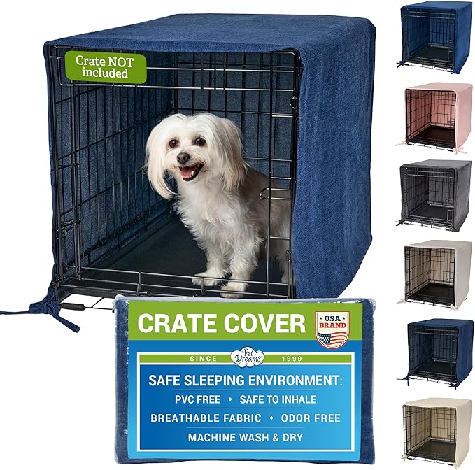 Pet Dreams Dog Crate Cover - Breathable Fabric Kennel Topper for Single-Door Crates, Fits iCrate Dog Cages 18, 24, 30, 36, 42, 48 Inches (Denim, Medium, 30")