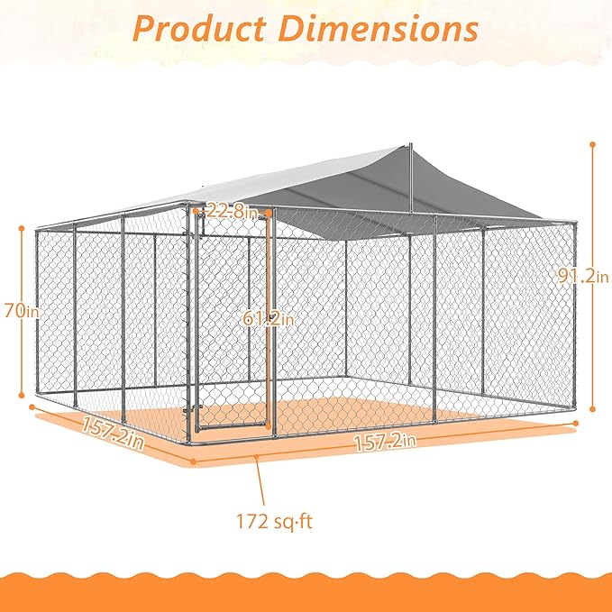 Outdoor Dog Enclosure Heavy Duty Dog Kennel House Mesh Outside Galvanized Chain Link Dog Run with Roof,Dog Cage Large Dogs Dog Pen Pet Kennel W/Waterproof Anti-UV Cover&Secure Lock for Large Dog