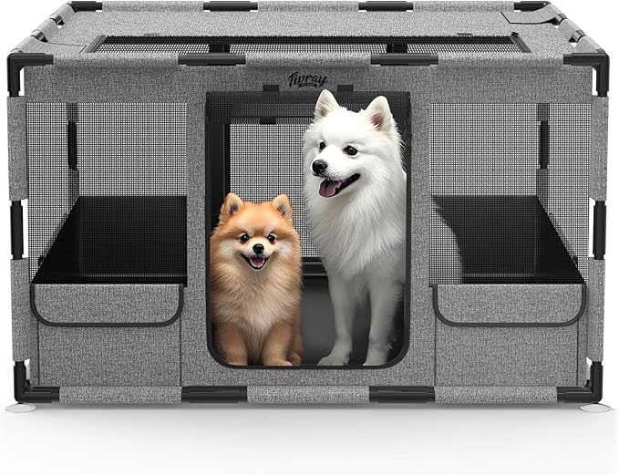 Dog Playpen, 43x43x26 Inches Puppy Playpen Portable with Top Cover, Thickened Fabric Tear Resistant Waterproof Bottom with Breathable Mesh Dog Fence for Indoor and Outdoor, Gray