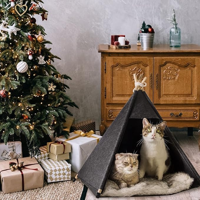 Pet Teepee Tent for Cats and Small Dogs - Cozy Portable Cat Dog House with Thick Cushion Washable for Indoor Outdoor Use