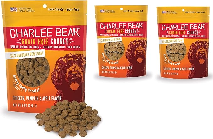 Charlee Bear Dog Treats Small Dogs Training Treats, Crunchy Low Calorie Grain Free Dog Treats, USA Made, Best for Small-Medium Breeds, Puppy Training Treats, Chicken, Pumpkin, Apple 3 Pack, 8oz Each